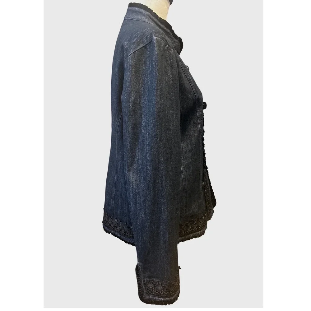 Bay Studio Dark Wash Denim Jacket Soutache Embroidery Beaded Trim Buttons Sz Lg